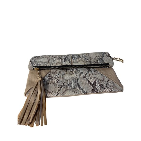 Snake Print Foldover Envelope Bag Clutch Purse Goldtone Chain Shoulder Strap - Picture 2 of 8